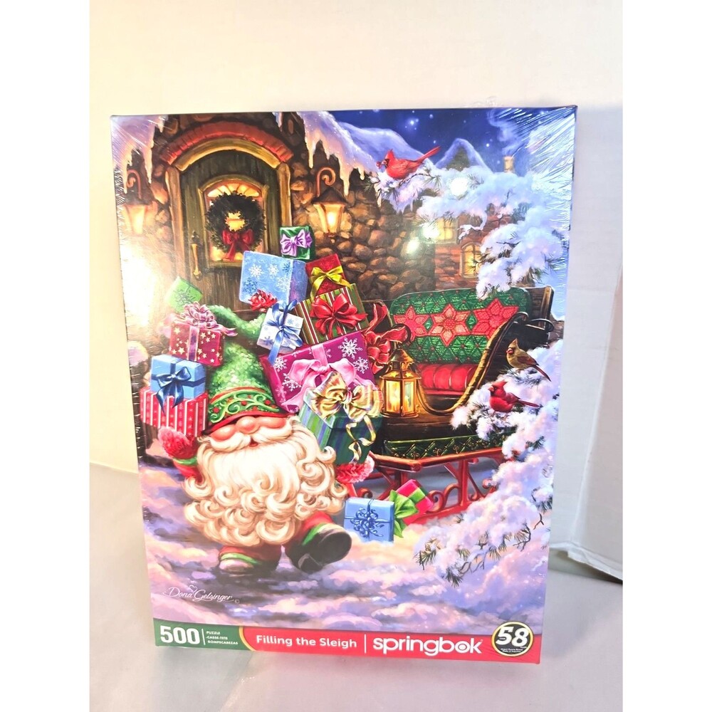 New Sealed Filling The Sleigh Puzzle By Springbok 500pc Elf Gnome Christmas